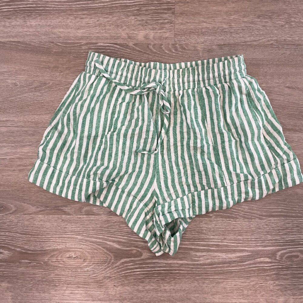 Universal Thread Shorts Womens Linen Blend Elastic Waist Green Striped XS